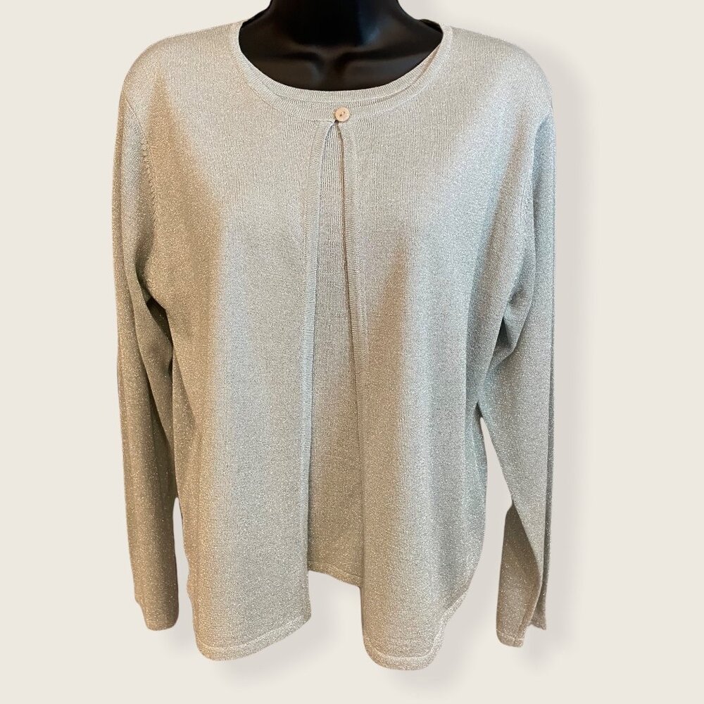 Ship N Shore Womens Silver Metallic Knit Long Sleeve Cardigan Sweater Button Clo